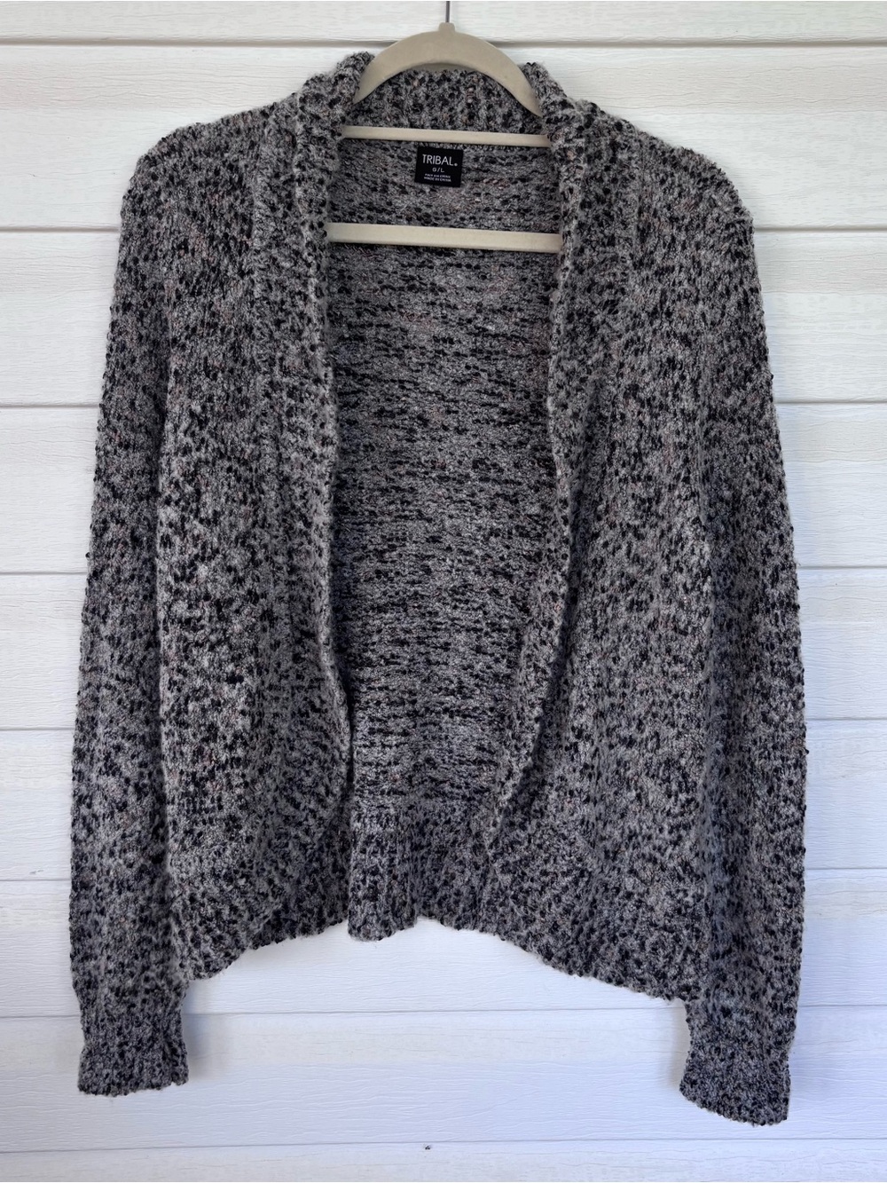 Tribal Gray Bouclé Open Front Cardigan L Cozy Textured Knit Sweater